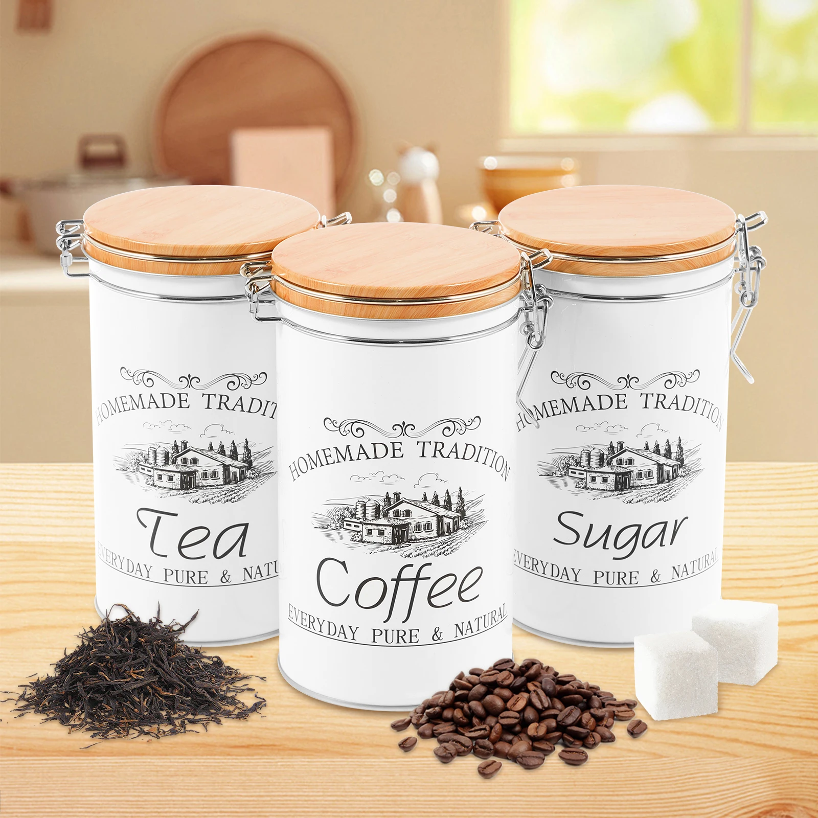 Coffee Tea Sugar Canister Set - مجموعة من 3 علب معدنية لتخزين